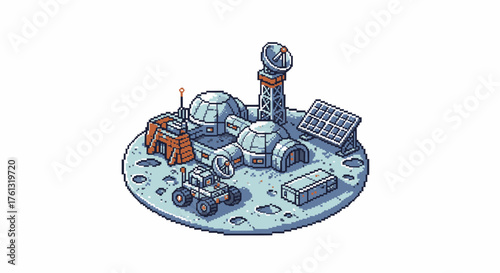 A detailed pixel art concept of a futuristic colonial outpost on a cratered lunar surface, a habitat for space exploration