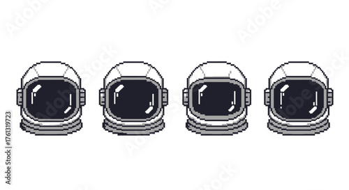 Pixel Art Astronaut Helmets in a Row, Retro Sci-Fi Space Exploration Iconography