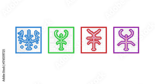 Four distinct abstract symbols presented in colored squares on a white background, representing a modern artistic or conceptual design