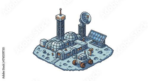 Isometric illustration of a sci-fi moon base featuring domes, solar panels, and a lunar vehicle in a retro pixel art style