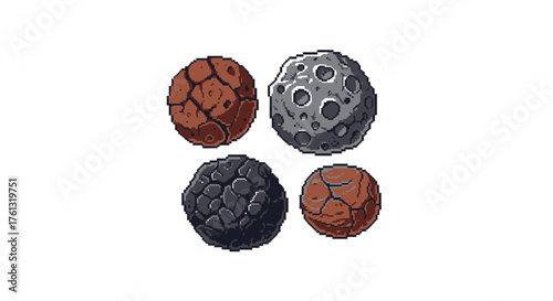 Four pixel art planets, asteroid and cosmic spheres in a cosmic digital art composition