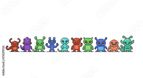 A vibrant collection of pixel art alien monsters and creature characters, an assortment of colorful 8-bit sprites for video games