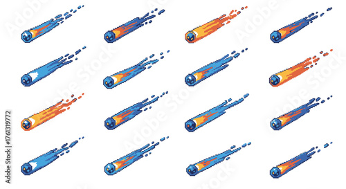 Dynamic digital art set of stylized celestial streaks, featuring vibrant meteors and comets with energetic trails, perfect for game development, animation, and modern graphic design assets