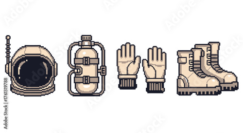 Pixel Art Space Suit Elements Helmet, Backpack, Gloves, and Boots