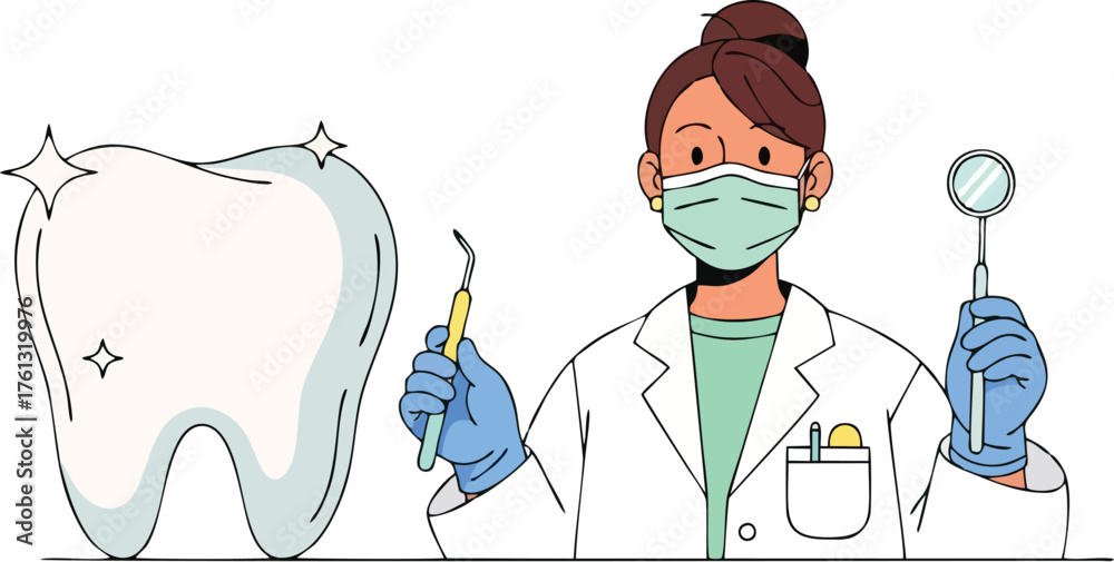 Fototapeta premium Cartoon illustration of a dentist holding dental tools next to a sparkling tooth, promoting oral hygiene and dental care.