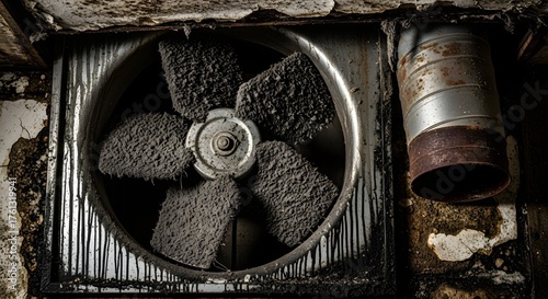 Heavily grimy and neglected industrial exhaust fan caked with thick dust and soot, showcasing decay and poor air quality in a dark, dilapidated bui...