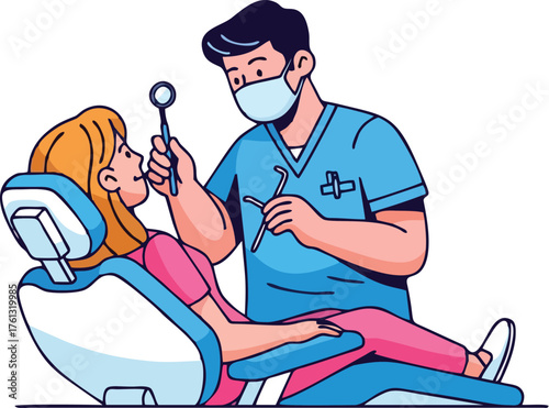 A dentist wearing a mask examines a female patient in a dental chair using a mirror and tools.