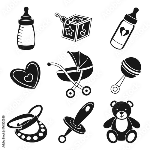 Collection of black and white baby icons including a teddy bear stroller and feeding bottle