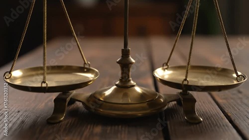 Brass balance scales on a wooden surface