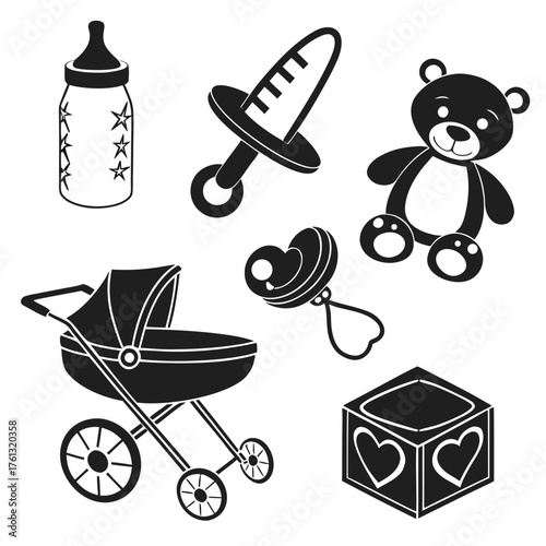 Collection of black silhouette baby items including a bottle teddy bear pacifier stroller and toy box