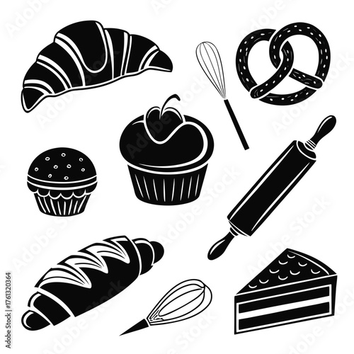 Collection of black silhouette baking icons including croissants cupcakes pretzel rolling pin and whisks