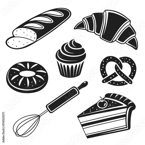 Collection of black and white baking icons including bread croissant cupcake donut pretzel cake and whisk