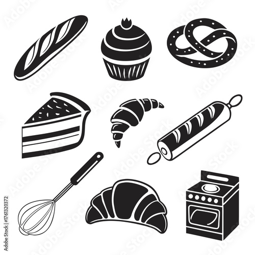 Collection of black and white bakery icons featuring bread croissants cake cupcake pretzel and baking utensils