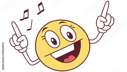 Yellow emoji with musical notes dancing and pointing index fingers up in a cheerful celebration mood