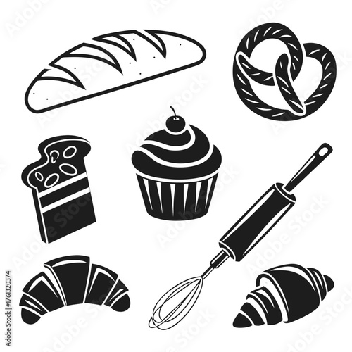 Collection of black and white baking icons including bread croissant cupcake pretzel and whisk