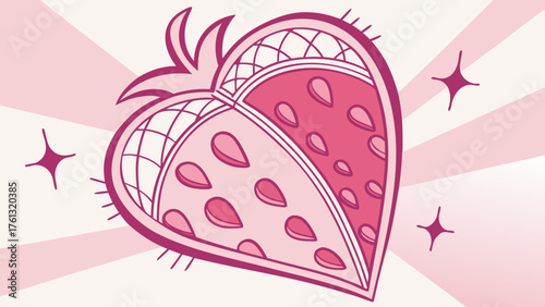 Aesthetic strawberry heart with pink hues and sparkling stars on a radiant background design element
