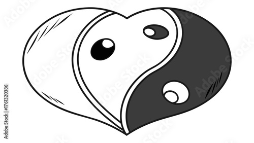 Heart shaped yin yang symbol with cute cartoon eyes and simple black and white color scheme style art