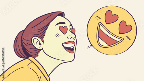 Illustration of a woman with heart eyes looking at a heart eyed smiley face bubble in yellow