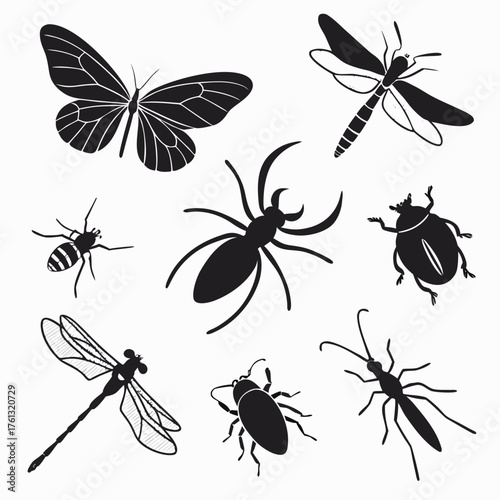 Collection of black silhouette insects including a butterfly dragonfly spider beetle and ants on a white background