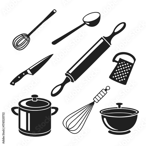 Collection of black silhouette kitchen utensils including a pot whisk rolling pin knife spoon grater and bowl