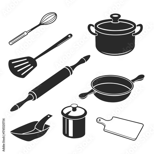Collection of essential kitchen utensils and cookware depicted in simple black and white silhouette style