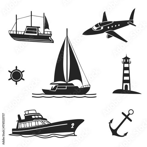 Collection of nautical and travel icons including a sailboat yacht airplane lighthouse ship anchor and helm