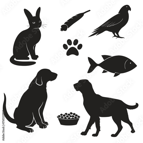 Collection of black silhouette icons featuring pets and their food on a white background