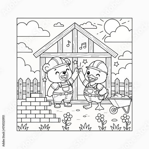 Cute cartoon animals wearing hard hats and overalls building a house together and high fiving