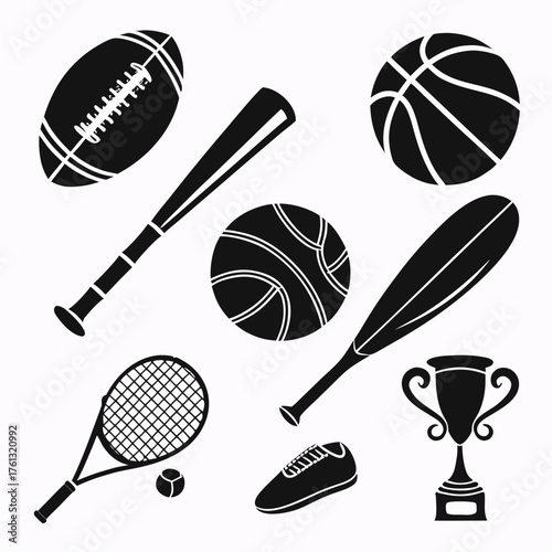 Collection of black silhouettes of sports equipment and a trophy on a white background
