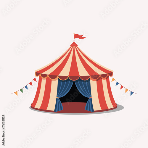 Red and beige striped circus tent with blue curtains and pennant flags big top striped tent