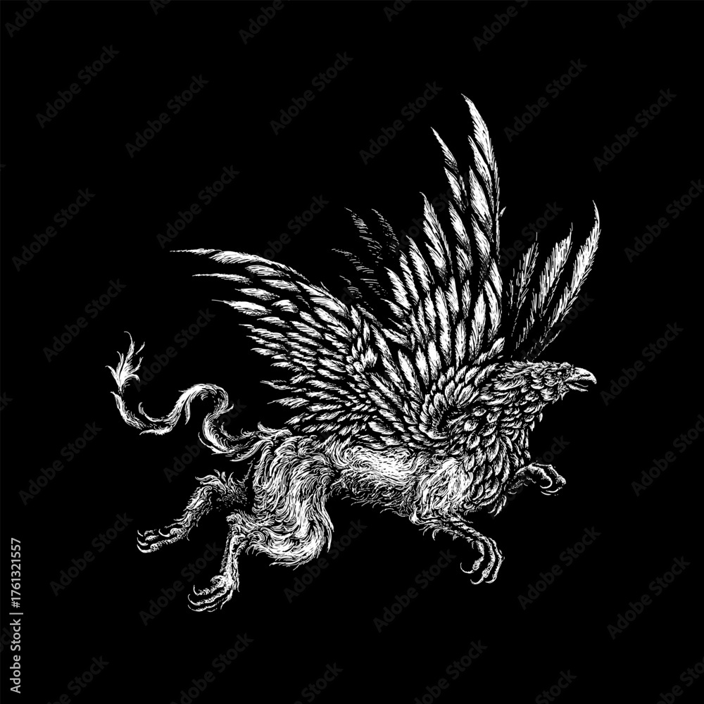 Obraz premium A detailed black and white illustration of a majestic griffin, a mythical creature with the body of a lion and the head and wings of an eagle.