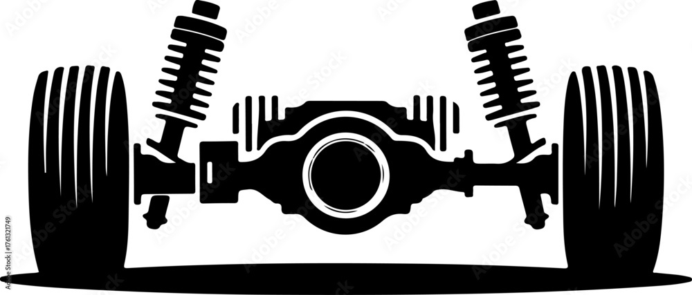 Obraz premium Car rear axle with wheels and suspension components silhouette vector