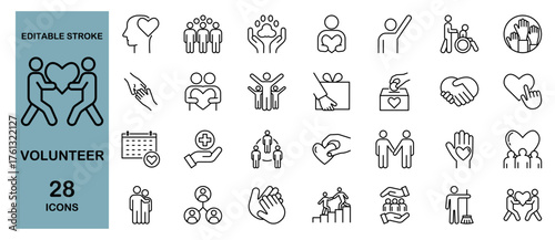 Volunteer Icon Set – Charity, Donation, Community, Teamwork, Cooperation and Animal welfare. Editable Stroke, Vector Illustration