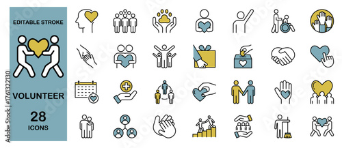 Volunteer Icon Set – Charity, Donation, Community, Teamwork, Cooperation and Animal welfare. Editable Stroke, Colored Vector Illustration