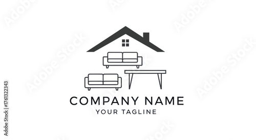 Minimalist Furniture Logo Design Featuring Sofas, Table, and House Outline.