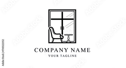 Minimalist line art logo of a chair and table by a window.