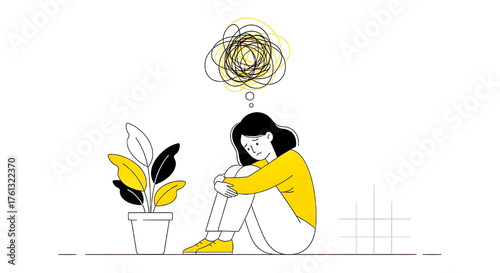 Anxious Woman with Tangled Thoughts: Stress, Depression, and Mental Health Struggles