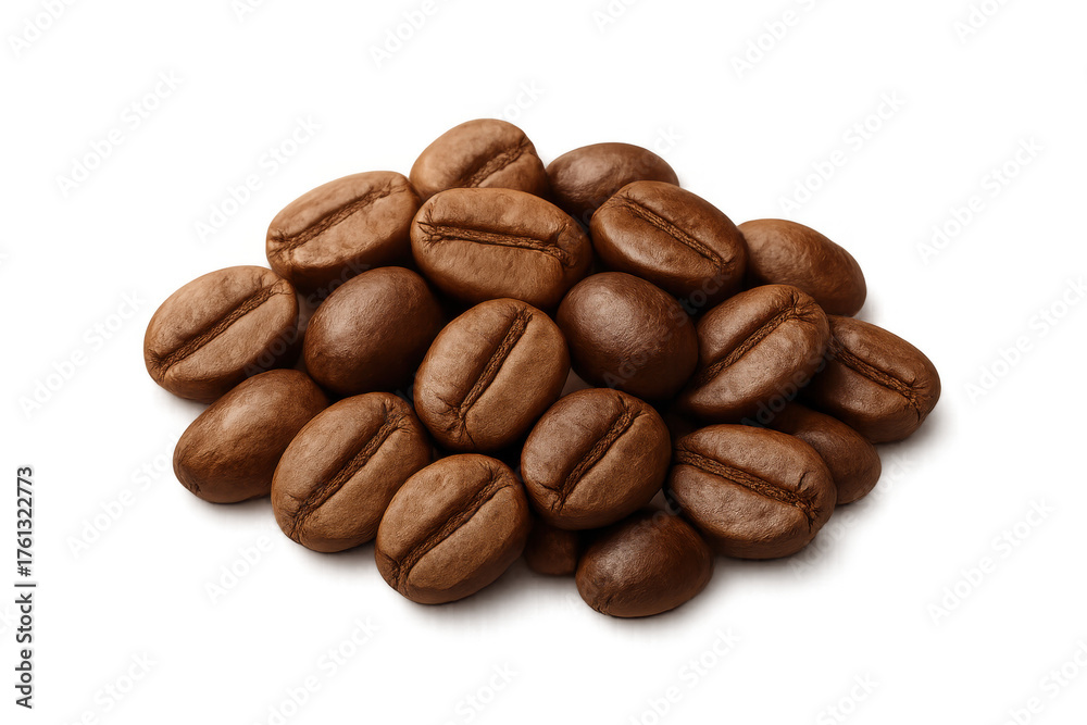Naklejka premium Coffee beans heap showing roasted brown aromatic seeds, hot drink ingredient, invigorating caffeine for breakfast, transparent background