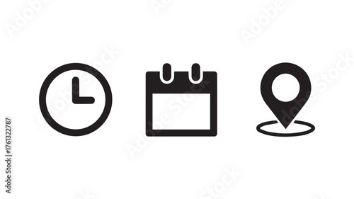 Clock calendar and location pin icons on white background Keywords: clock, time, calendar, date