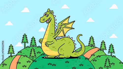 Green dragon with yellow wings sitting on a grassy hill surrounded by pine trees and clouds cartoon vector illustration for childrens storybooks, fantasy themes, fairytale design