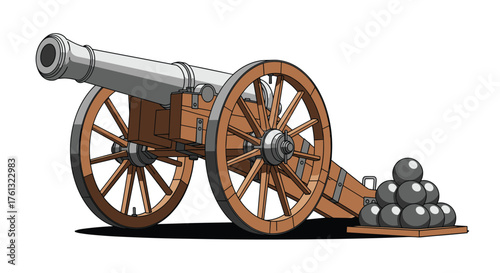 A detailed illustration of an antique artillery cannon with its ammunition ready for firing.