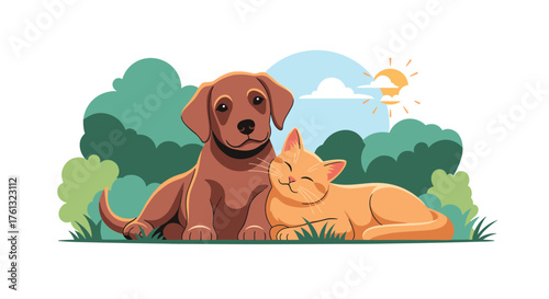 A gentle puppy rests its head on a contented cat as they relax in a sunny meadow.