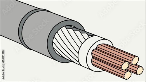 Illustration of a gray electrical cable with exposed copper conductors and white insulation sheath
