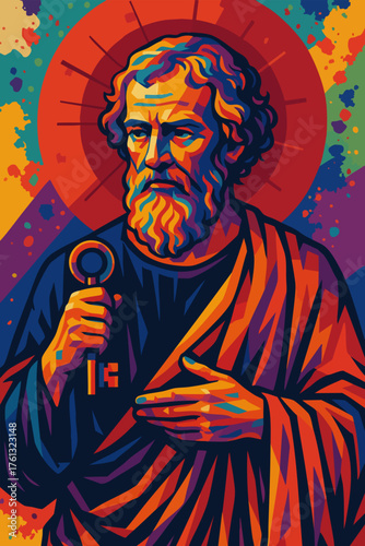 Vibrant Pop Art Illustration of Saint Peter Holding the Keys