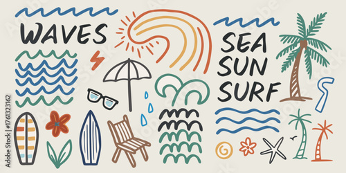 Hand drawn doodle art featuring waves sun surf palm trees and beach accessories for summer vacation