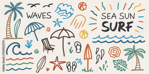 Hand drawn beach elements and surf theme with palm trees and umbrellas