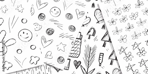 Whimsical hand drawn doodle seamless pattern with hearts stars smiles and flowers on white background