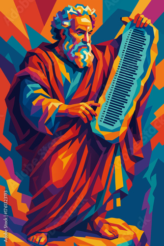 Vibrant Pop Art Illustration of Moses Holding the Ten Commandments