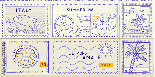 Collection of six charming hand drawn italian postage stamps featuring coastal scenes and local produce