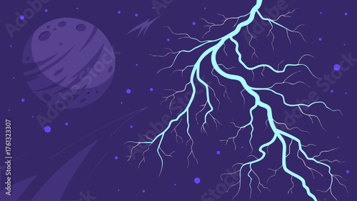 Illustration of a lightning bolt in a purple space with a planet and shooting star graphic design style